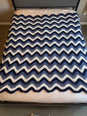 Crochet Blanket Blue/White Homemade Handmade